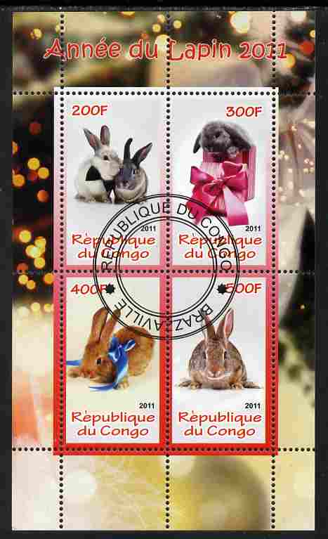 Congo 2011 Chinese New Year - Year of the Rabbit perf sheetlet containing 4 values cto used, stamps on lunar, stamps on rabbits, stamps on animals