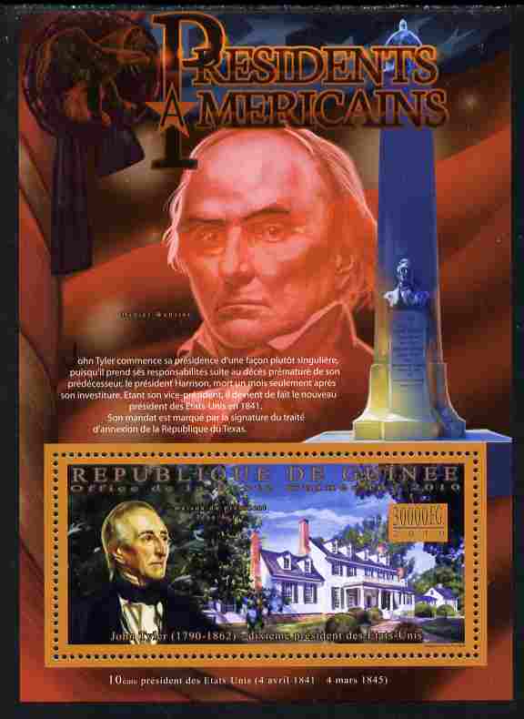 Guinea - Conakry 2010-11 Presidents of the USA #10 - John Tyler perf s/sheet unmounted mint Michel BL 1884, stamps on americana, stamps on usa presidents, stamps on constitutions, stamps on 