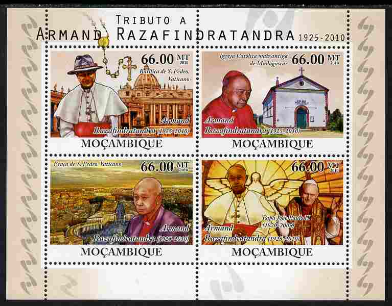 Mozambique 2010 Tribute to Armand Razafindratandra (priest) perf sheetlet containing 4 values unmounted mint, stamps on , stamps on  stamps on personalities, stamps on  stamps on religion, stamps on  stamps on pope