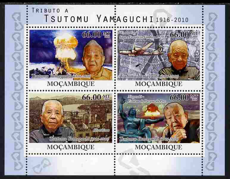 Mozambique 2010 Tribute to Tsutomu Yamaguchi perf sheetlet containing 4 values unmounted mint, stamps on , stamps on  stamps on personalities, stamps on  stamps on  ww2 , stamps on  stamps on atomics, stamps on  stamps on 