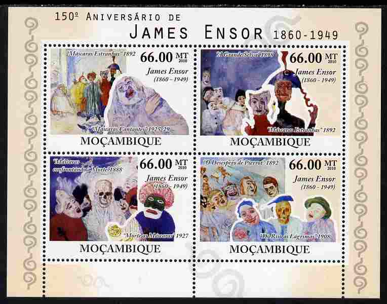 Mozambique 2010  150th Birth Anniversary of James Ensor perf sheetlet containing 4 values unmounted mint, stamps on personalities, stamps on arts, stamps on 