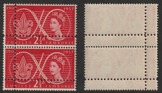 Great Britain 1957 World Scout Jamboree 2.5d unmounted mint vertical pair with perforations doubled (stamps are quartered). Note: the stamps are genuine but the additional perfs are a slightly different gauge identifying it to be a forgery., stamps on , stamps on  stamps on scouts, stamps on  stamps on forgery, stamps on  stamps on forgeries