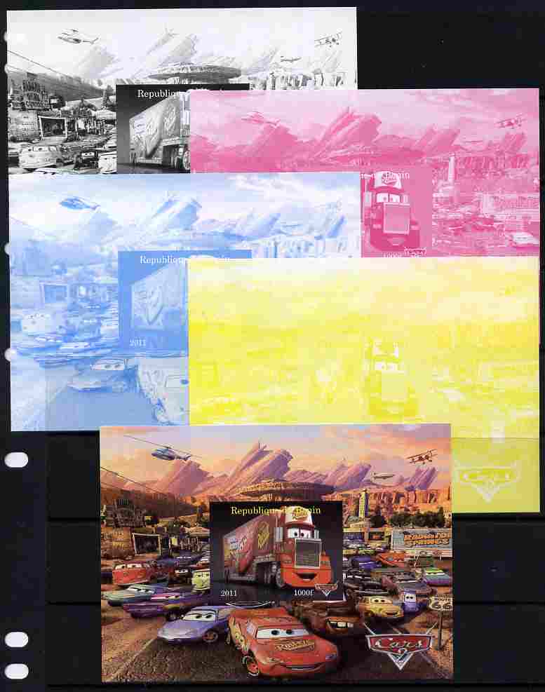 Benin 2011 Cars 2 m/sheet #5 - the set of 5 imperf progressive proofs comprising the 4 individual colours plus all 4-colour composite, unmounted mint , stamps on disney, stamps on films, stamps on cinema, stamps on movies, stamps on cartoons, stamps on cars