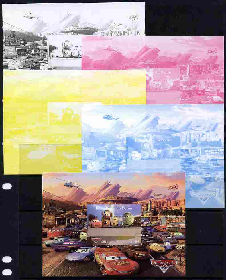 Benin 2011 Cars 2 m/sheet #6 - the set of 5 imperf progressive proofs comprising the 4 individual colours plus all 4-colour composite, unmounted mint , stamps on disney, stamps on films, stamps on cinema, stamps on movies, stamps on cartoons, stamps on cars