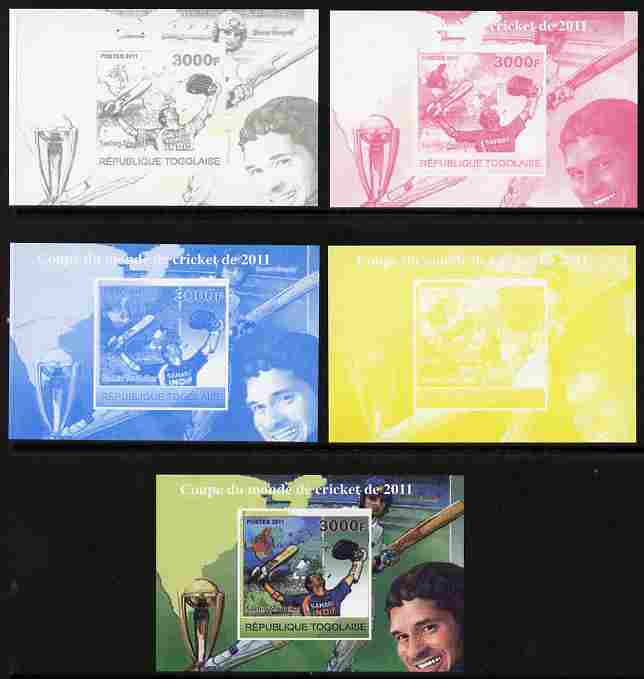 Togo 2011 Cricket World Cup souvenir sheet - the set of 5 imperf progressive proofs comprising the 4 individual colours plus all 4-colour composite, unmounted mint , stamps on , stamps on  stamps on sport, stamps on  stamps on cricket