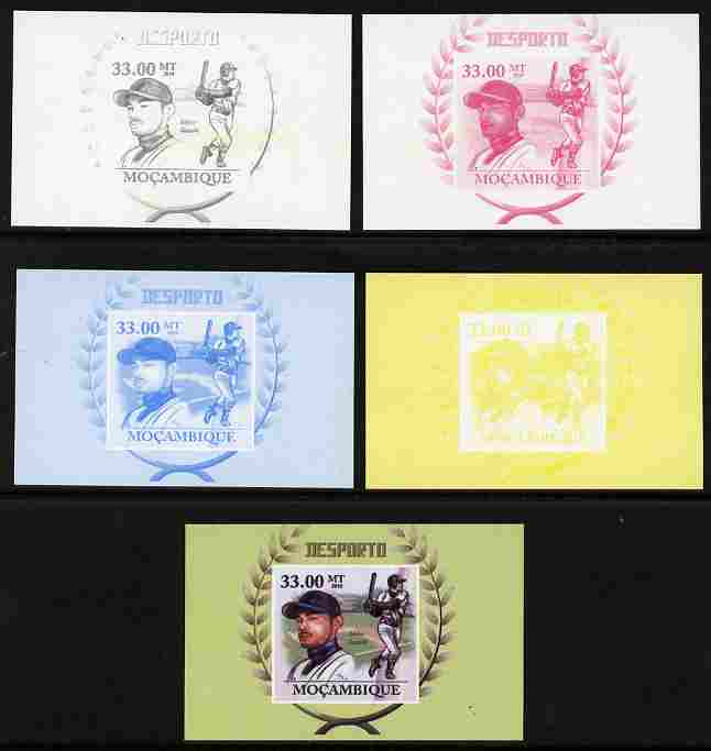 Mozambique 2011 Ichiro Suzuki (baseball) souvenir sheet - the set of 5 imperf progressive proofs comprising the 4 individual colours plus all 4-colour composite, unmounte..., stamps on sport, stamps on baseball