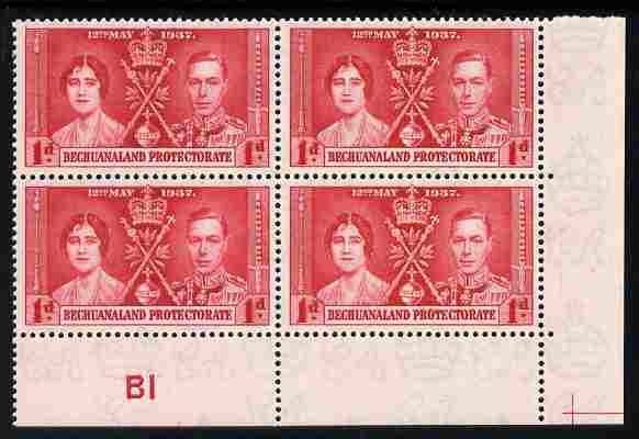 Bechuanaland 1937 KG6 Coronation 1d corner plate block of 4 (plate B1) unmounted mint (Coronation plate blocks are rare) SG 115, stamps on , stamps on  stamps on , stamps on  stamps on  kg6 , stamps on  stamps on coronation