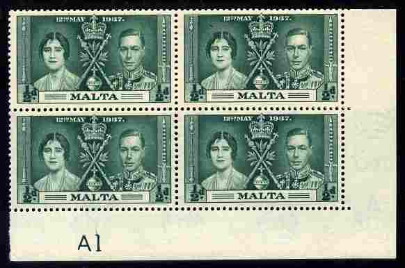 Malta 1937 KG6 Coronation 1/2d corner plate block of 4 (plate A1) unmounted mint (Coronation plate blocks are rare) SG 214, stamps on , stamps on  kg6 , stamps on coronation