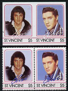 St Vincent 1985 Elvis Presley (Leaders of the World) $5 imperf se-tenant reprint proof pair in 4 colours only (deep blue & silver omitted) plus normal perf pair unmounted..., stamps on music     personalities        elvis  entertainments     films    cinema