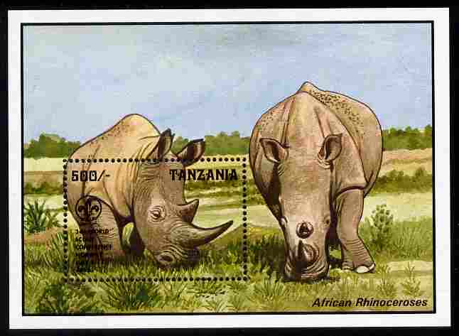 Tanzania 1996 World Scout Conference overprinted on 1993 Wildlife m/sheet (Rhino) unmounted mint, stamps on , stamps on  stamps on scouts, stamps on  stamps on animals, stamps on  stamps on rhinos