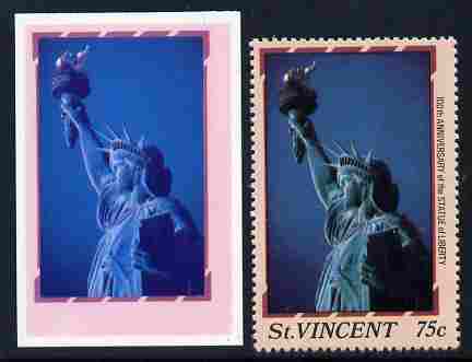St Vincent 1986 Statue of Liberty Centenary 75c die proof in red and blue only on plastic (Cromalin) card ex archives complete with issued perf stamp as SG 1038, stamps on monuments, stamps on statues, stamps on americana, stamps on civil engineering, stamps on 