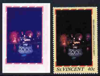 St Vincent 1986 Statue of Liberty Centenary 40c die proof in red and blue only on plastic (Cromalin) card ex archives complete with issued perf stamp as SG 1036, stamps on , stamps on  stamps on monuments, stamps on  stamps on statues, stamps on  stamps on americana, stamps on  stamps on civil engineering, stamps on  stamps on 