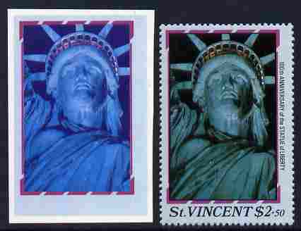 St Vincent 1986 Statue of Liberty Centenary $2.50 die proof in red and blue only on plastic (Cromalin) card ex archives complete with issued perf stamp as SG 1042, stamps on monuments, stamps on statues, stamps on americana, stamps on civil engineering, stamps on 