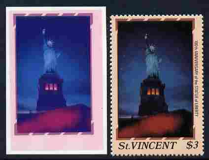 St Vincent 1986 Statue of Liberty Centenary $3.00 die proof in red and blue only on plastic (Cromalin) card ex archives complete with issued perf stamp as SG 1043, stamps on , stamps on  stamps on monuments, stamps on  stamps on statues, stamps on  stamps on americana, stamps on  stamps on civil engineering, stamps on  stamps on 