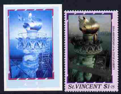 St Vincent 1986 Statue of Liberty Centenary $1.75 die proof in red and blue only on plastic (Cromalin) card ex archives complete with issued perf stamp as SG 1040, stamps on monuments, stamps on statues, stamps on americana, stamps on civil engineering, stamps on 