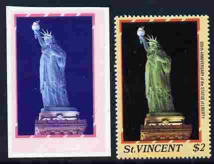 St Vincent 1986 Statue of Liberty Centenary $2.00 die proof in red and blue only on plastic (Cromalin) card ex archives complete with issued perf stamp as SG 1041, stamps on , stamps on  stamps on monuments, stamps on  stamps on statues, stamps on  stamps on americana, stamps on  stamps on civil engineering, stamps on  stamps on 