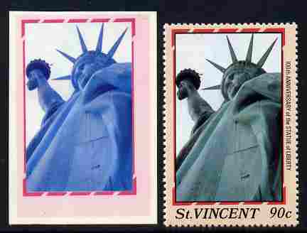 St Vincent 1986 Statue of Liberty Centenary 90c die proof in red and blue only on plastic (Cromalin) card ex archives complete with issued perf stamp as SG 1039, stamps on monuments, stamps on statues, stamps on americana, stamps on civil engineering, stamps on 