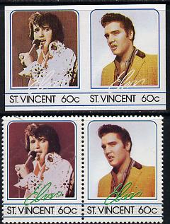 St Vincent 1985 Elvis Presley (Leaders of the World) 60c imperf se-tenant reprint proof pair in 5 colours only (green & silver omitted) plus normal perf pair unmounted mi..., stamps on music     personalities        elvis  entertainments     films    cinema