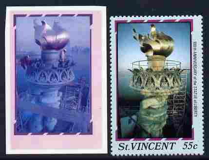 St Vincent 1986 Statue of Liberty Centenary 55c die proof in red and blue only on plastic (Cromalin) card ex archives complete with issued perf stamp as SG 1037, stamps on , stamps on  stamps on monuments, stamps on  stamps on statues, stamps on  stamps on americana, stamps on  stamps on civil engineering, stamps on  stamps on 