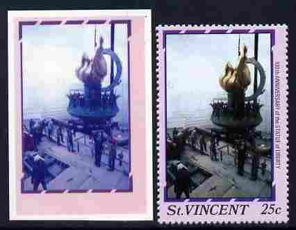 St Vincent 1986 Statue of Liberty Centenary 25c die proof in red and blue only on plastic (Cromalin) card ex archives complete with issued perf stamp as SG 1035, stamps on , stamps on  stamps on monuments, stamps on  stamps on statues, stamps on  stamps on americana, stamps on  stamps on civil engineering, stamps on  stamps on 