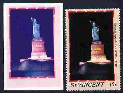 St Vincent 1986 Statue of Liberty Centenary 15c die proof in red and blue only on plastic (Cromalin) card ex archives complete with issued perf stamp as SG 1034, stamps on monuments, stamps on statues, stamps on americana, stamps on civil engineering, stamps on 