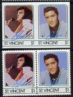 St Vincent 1985 Elvis Presley (Leaders of the World) $1 imperf se-tenant reprint proof pair in 5 colours only (silver omitted) plus normal perf pair unmounted mint, as SG 923a, stamps on , stamps on  stamps on music     personalities        elvis  entertainments     films    cinema