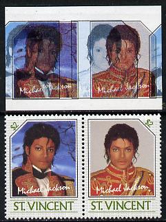 St Vincent 1985 Michael Jackson (Leaders of the World) $2 imperf se-tenant proof pair in 4 colours only - the blue & black shifted 7mm to the left (green & silver omitted..., stamps on music  personalities    pops
