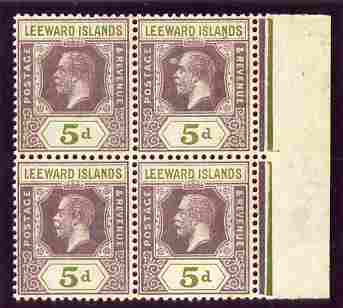 Leeward Islands 1921-32 KG5 5d Script CA marginal block of 4, one stamp with 'frame line thickened under N' SG 71var, stamps on , stamps on  stamps on leeward islands 1921-32 kg5 5d script ca marginal block of 4, stamps on  stamps on  one stamp with 'frame line thickened under n' sg 71var