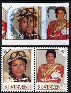 St Vincent 1985 Michael Jackson (Leaders of the World) $5 imperf se-tenant proof pair in 4 colours only - the red & yellow shifted 7mm to the right (red-brown & silver omitted) with normal perf pair (as SG 946a) unmounted mint, stamps on , stamps on  stamps on music  personalities    pops