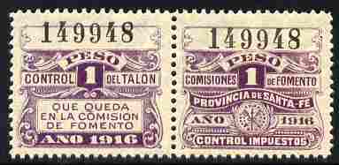 Argentine Republic - Santa Fe Province 1916 Revenue 1 Peso purple se-tenant pair unmounted mint