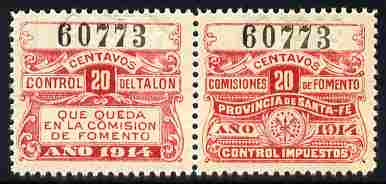 Argentine Republic - Santa Fe Province 1914 Revenue 20c red se-tenant pair unmounted mint