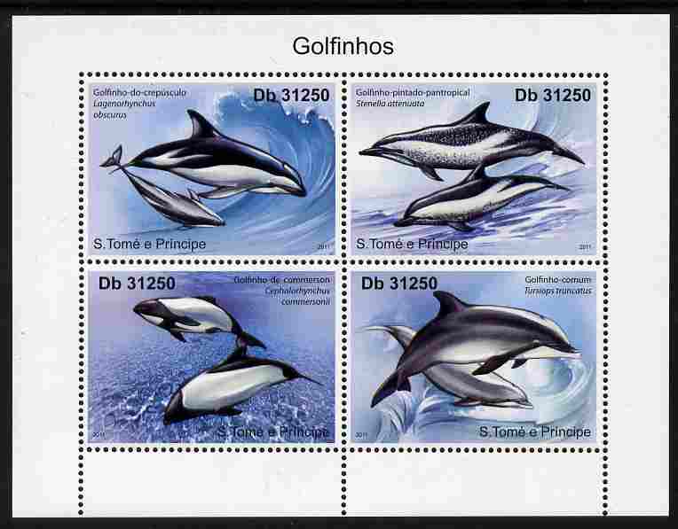 St Thomas & Prince Islands 2011 Dolphins perf sheetlet containing 4 values unmounted mint, stamps on , stamps on  stamps on marine life, stamps on  stamps on whales, stamps on  stamps on dolphins