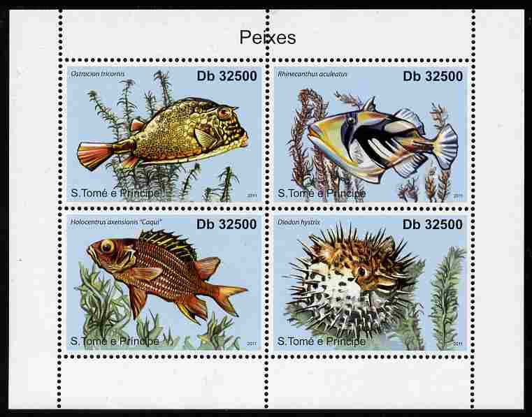 St Thomas & Prince Islands 2011 Fish perf sheetlet containing 4 values unmounted mint, stamps on fish