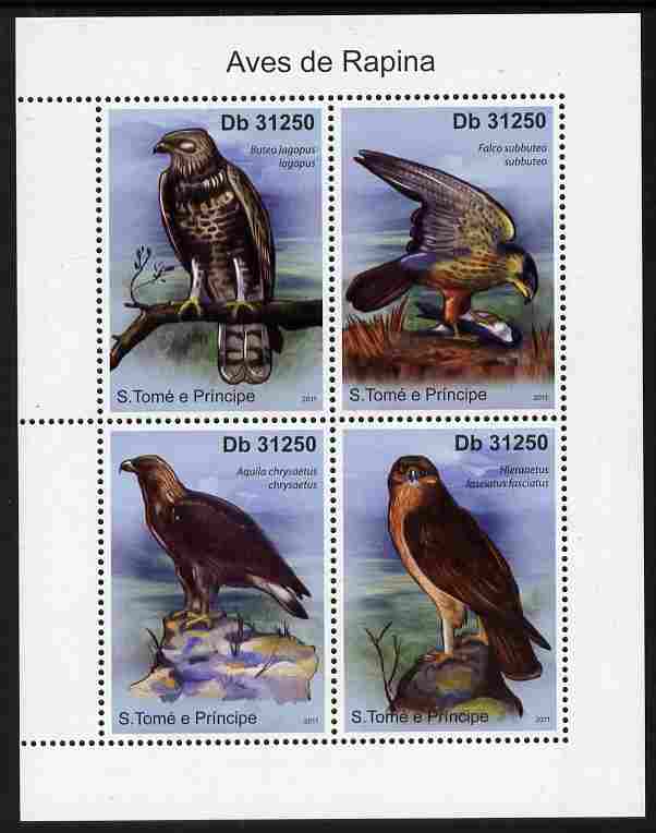 St Thomas & Prince Islands 2011 Birds of Prey perf sheetlet containing 4 values unmounted mint, stamps on birds, stamps on birds of prey, stamps on falcons