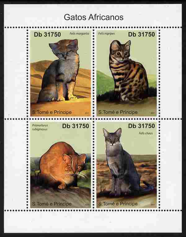 St Thomas & Prince Islands 2011 African Domestic Cats perf sheetlet containing 4 values unmounted mint, stamps on cats