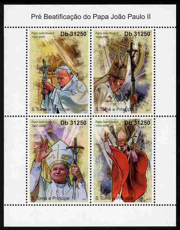St Thomas & Prince Islands 2011 Beatification of Pope John Paul II perf sheetlet containing 4 values unmounted mint, stamps on , stamps on  stamps on religion, stamps on  stamps on pope, stamps on  stamps on popes