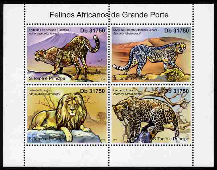 St Thomas & Prince Islands 2011 African Big Cats perf sheetlet containing 4 values unmounted mint, stamps on cats