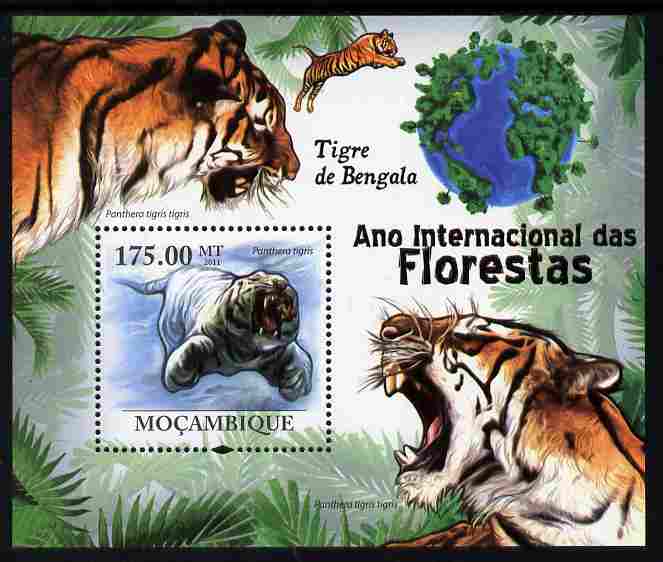 Mozambique 2011 International Year of Forests - Bengal Tigers perf s/sheet unmounted mint, stamps on forests, stamps on trees, stamps on animals, stamps on tigers, stamps on cats