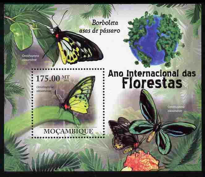 Mozambique 2011 International Year of Forests - Bird-Wing Butterflies perf s/sheet unmounted mint, stamps on forests, stamps on trees, stamps on butterflies