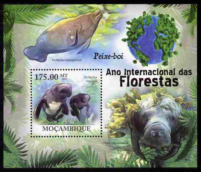 Mozambique 2011 International Year of Forests - Manatees perf s/sheet unmounted mint, stamps on , stamps on  stamps on forests, stamps on  stamps on trees, stamps on  stamps on animals, stamps on  stamps on marine life, stamps on  stamps on manatees