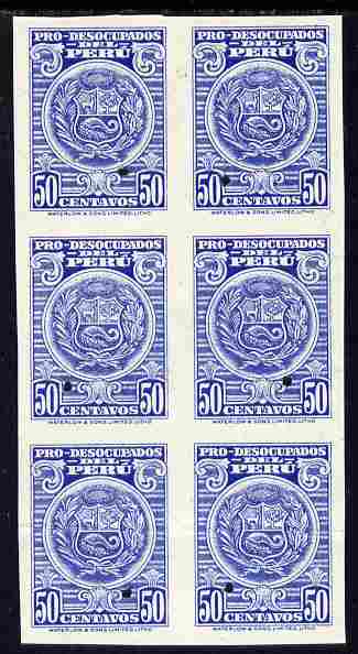 Peru 1951 Essay of 50c blue in imperf block of 6 all with Waterlow & Sons security punch holes through each, (inscr  Pro Desocupados) unmounted mint but crease through 2, stamps on 