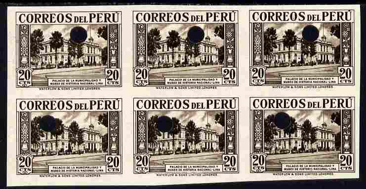 Peru 1937 Pictorial 20c (National History Museum) imperf proof block of 6 in issued colour each stamp with Waterlow\D5s security puncture, stamps on 
