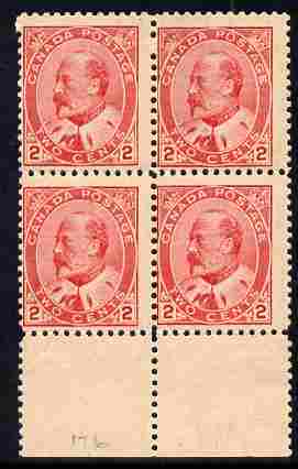 Canada 1903 KE7 2c scarlet fine mint marg block of 4, 2 stamps unmounted SG 176/7, stamps on , stamps on  stamps on canada 1903 ke7 2c scarlet fine mint marg block of 4, stamps on  stamps on  2 stamps unmounted sg 176/7