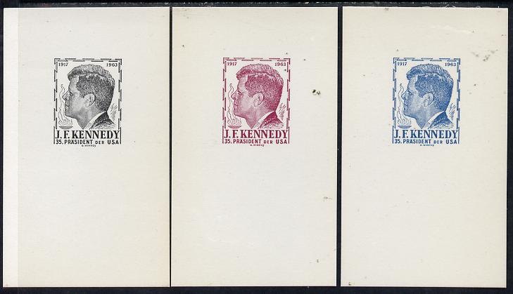 Austria 1963 Kennedy set of 3 undenominated proof cards in black, blue & maroon, produced by Wimmer but never issued (only 100 sets produced), stamps on , stamps on  stamps on kennedy    personalities