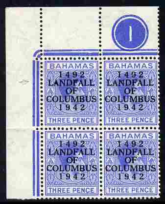 Bahamas 1942 KG6 Landfall of Columbus opt on 3d blue NW Plate No.1 corner block of 4 with dot in N variety (R1/2) unmounted mint SG 167var, stamps on , stamps on  stamps on columbus, stamps on  stamps on  kg6 , stamps on  stamps on variety, stamps on  stamps on varieties
