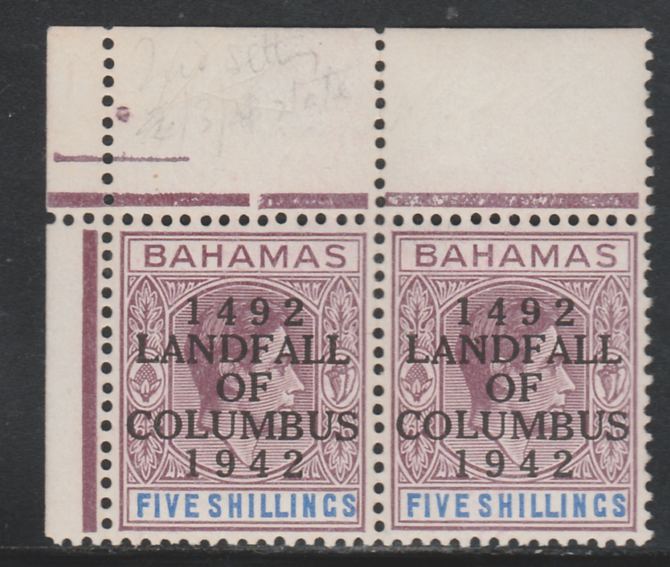 Bahamas 1942 KG6 Landfall of Columbus opt on 5s lilac & blue NW corner pair with dot in N variety (R1/2) unmounted mint SG 174var, stamps on , stamps on  stamps on columbus, stamps on  stamps on  kg6 , stamps on  stamps on variety, stamps on  stamps on varieties