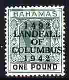 Bahamas 1942 KG6 Landfall of Columbus opt on A31 green & black single with dot in 9 & 2 variety (R1/4) mounted mint SG 175var, stamps on , stamps on  stamps on columbus, stamps on  stamps on  kg6 , stamps on  stamps on variety, stamps on  stamps on varieties