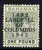 Bahamas 1942 KG6 Landfall of Columbus opt on \A31 green & black single with flaw between A & L on R2/3 mounted mint SG 175var, stamps on columbus, stamps on  kg6 , stamps on variety, stamps on varieties