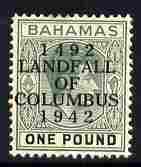 Bahamas 1942 KG6 Landfall of Columbus opt on A31 green & black single with flaw between A & L on R2/3 mounted mint SG 175var, stamps on , stamps on  stamps on columbus, stamps on  stamps on  kg6 , stamps on  stamps on variety, stamps on  stamps on varieties