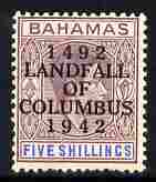 Bahamas 1942 KG6 Landfall of Columbus opt on 5s lilac & blue single with broken F variety on R2/4 mounted mint SG 174var, stamps on , stamps on  stamps on columbus, stamps on  stamps on  kg6 , stamps on  stamps on variety, stamps on  stamps on varieties